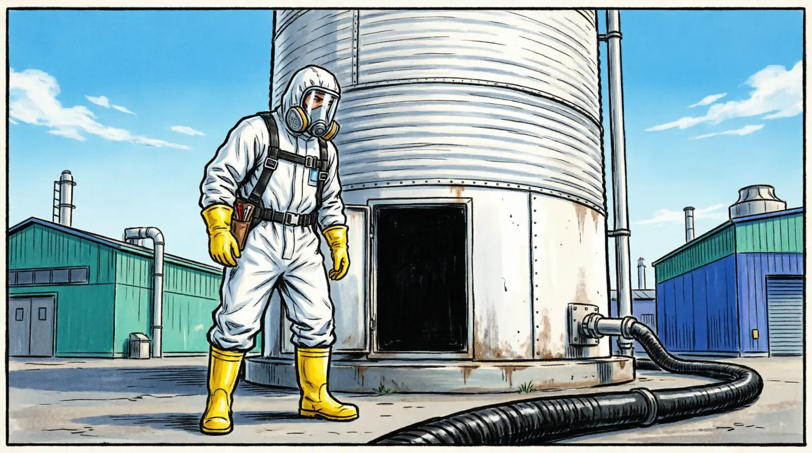 AKO-Mitarbeiter im Schutzanzug vor einer Biogasanlage
